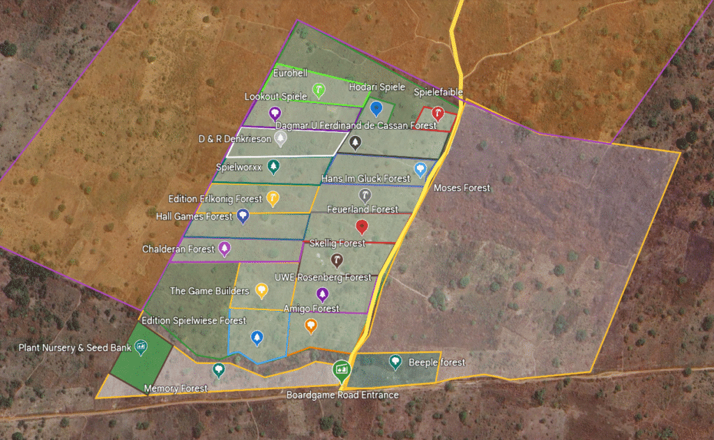 Alle Board Game Road Parzellen der Spieleverlage von oben in Google Earth.