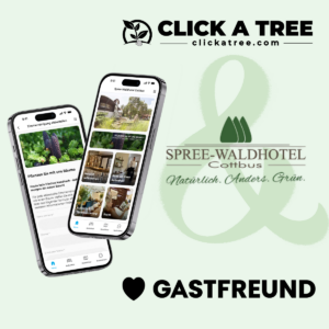 Grafik zur Zusammenarbeit von Click A Tree, dem Spree-Waldhotel Cottbus und Gastfreund. Zwei Smartphones zeigen die digitale Gästemappe des Hotels sowie die Option, die Zimmerreinigung abzubestellen und damit eine Baumpflanzung zu ermöglichen.